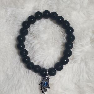 Black Beaded Bracelet with Hamsa Charm